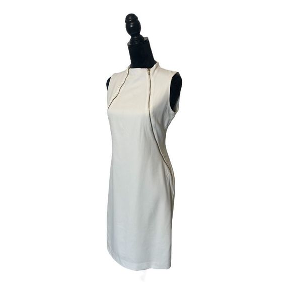 Calvin Klein Cream Zipper Detail Sleeveless Sheath Dress Size 6 - Picture 7 of 16